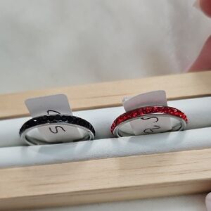 Lot of 2 Rings Stainless Steel Red Black Rhinestones Bands Rings Stackable NWOT